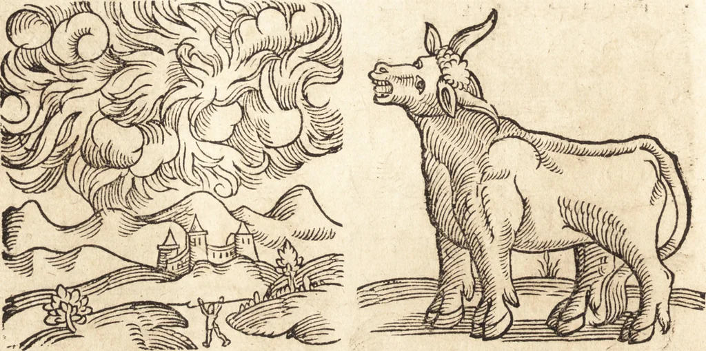 An illustration from Prodigiorvm ac ostentorvm chronicon : quae praeter naturae ordinem, motum, et operationem, et in svperioribus & his inferioribus mundi regionibus, ab exordio mundi usque ad haec nostra tempora, acciderunt ..., 1557, leaf 177