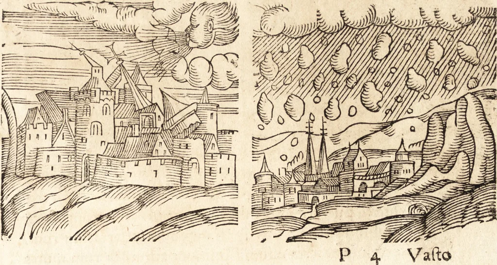 An illustration from Prodigiorvm ac ostentorvm chronicon : quae praeter naturae ordinem, motum, et operationem, et in svperioribus & his inferioribus mundi regionibus, ab exordio mundi usque ad haec nostra tempora, acciderunt ..., 1557, leaf 178