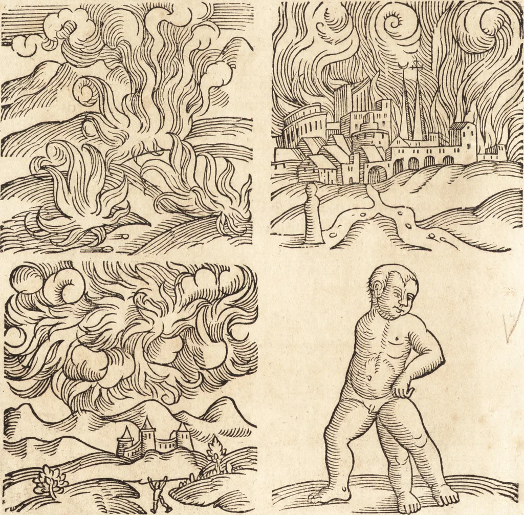 An illustration from Prodigiorvm ac ostentorvm chronicon : quae praeter naturae ordinem, motum, et operationem, et in svperioribus & his inferioribus mundi regionibus, ab exordio mundi usque ad haec nostra tempora, acciderunt ..., 1557, leaf 179