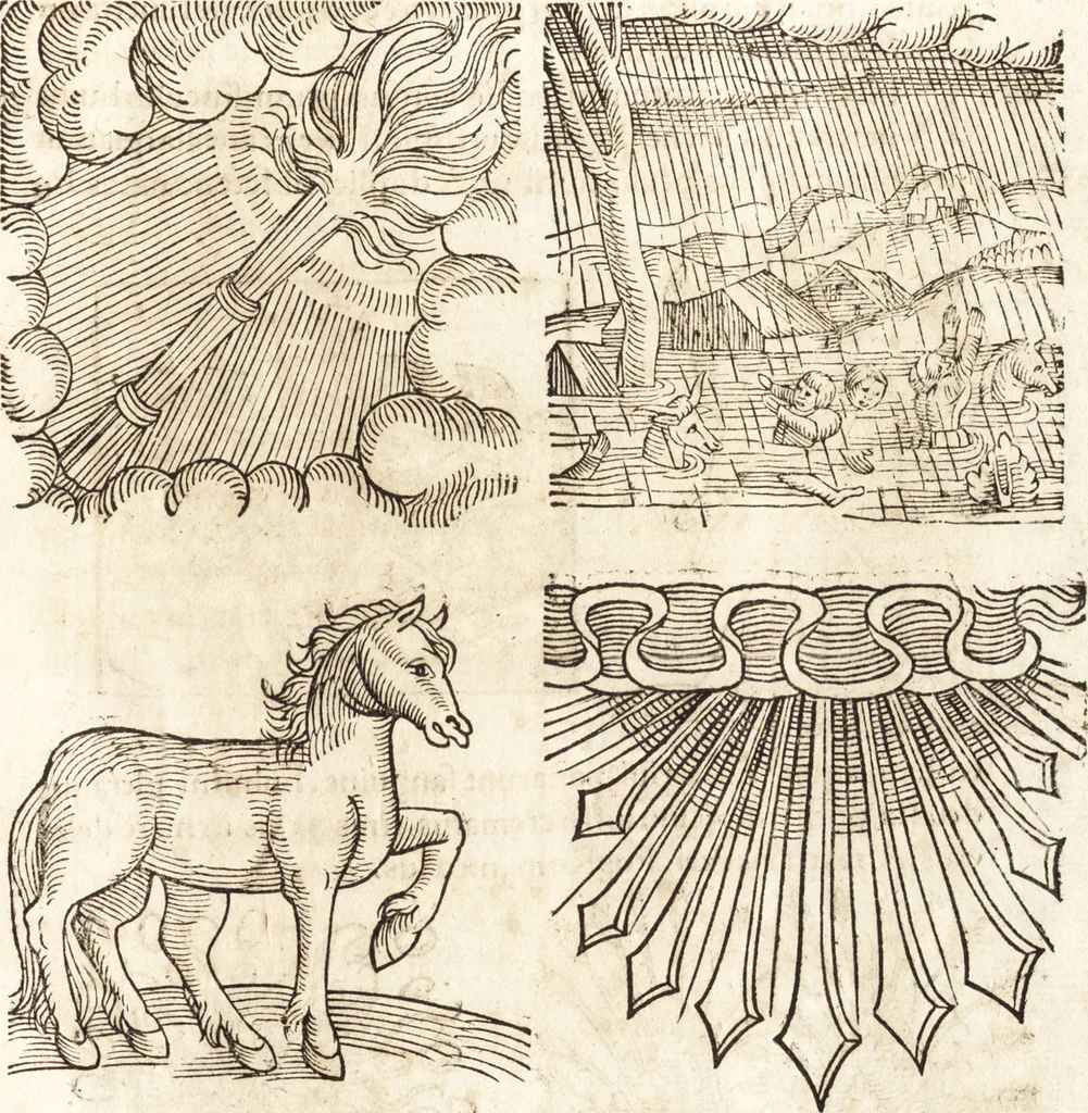 An illustration from Prodigiorvm ac ostentorvm chronicon : quae praeter naturae ordinem, motum, et operationem, et in svperioribus & his inferioribus mundi regionibus, ab exordio mundi usque ad haec nostra tempora, acciderunt ..., 1557, leaf 182