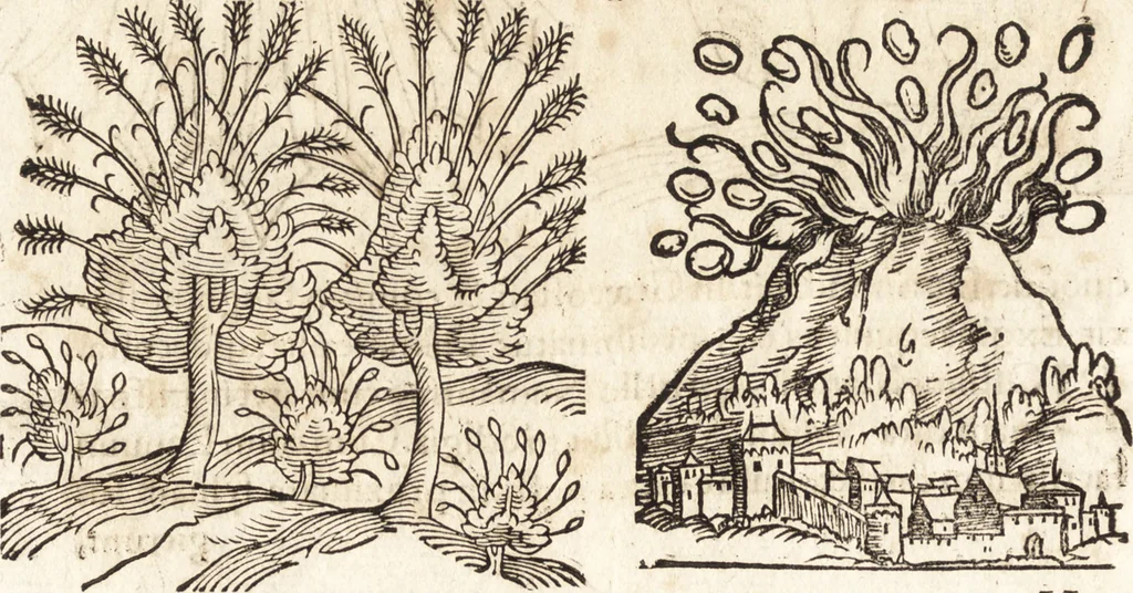 An illustration from Prodigiorvm ac ostentorvm chronicon : quae praeter naturae ordinem, motum, et operationem, et in svperioribus & his inferioribus mundi regionibus, ab exordio mundi usque ad haec nostra tempora, acciderunt ..., 1557, leaf 183