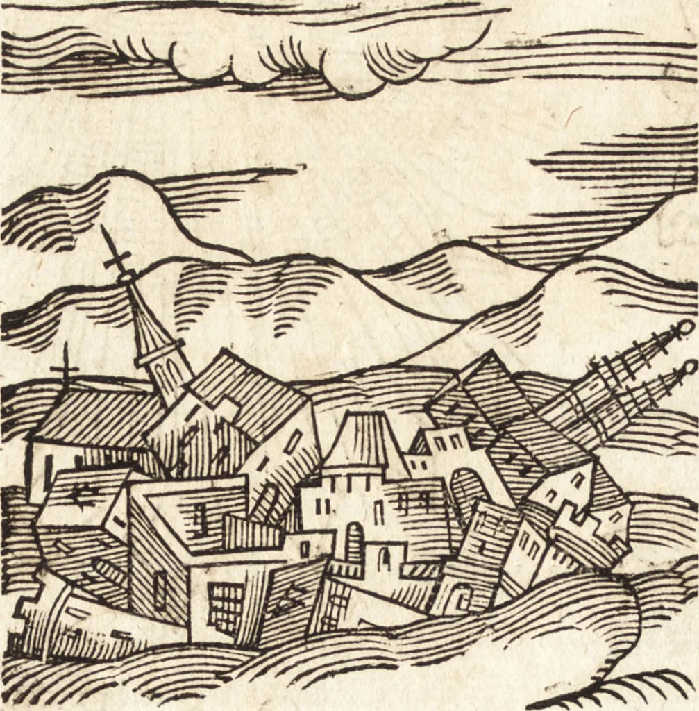 An illustration from Prodigiorvm ac ostentorvm chronicon : quae praeter naturae ordinem, motum, et operationem, et in svperioribus & his inferioribus mundi regionibus, ab exordio mundi usque ad haec nostra tempora, acciderunt ..., 1557, leaf 187
