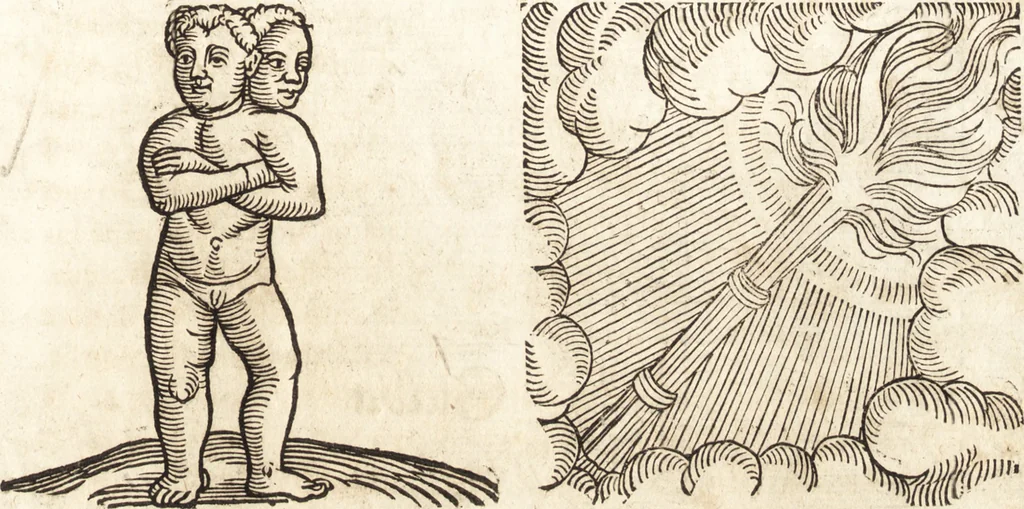 An illustration from Prodigiorvm ac ostentorvm chronicon : quae praeter naturae ordinem, motum, et operationem, et in svperioribus & his inferioribus mundi regionibus, ab exordio mundi usque ad haec nostra tempora, acciderunt ..., 1557, leaf 188