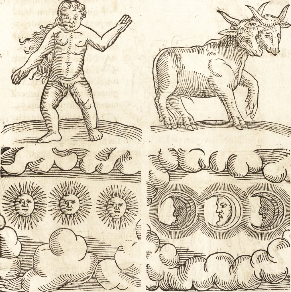 An illustration from Prodigiorvm ac ostentorvm chronicon : quae praeter naturae ordinem, motum, et operationem, et in svperioribus & his inferioribus mundi regionibus, ab exordio mundi usque ad haec nostra tempora, acciderunt ..., 1557, leaf 192