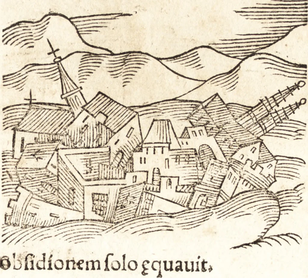 An illustration from Prodigiorvm ac ostentorvm chronicon : quae praeter naturae ordinem, motum, et operationem, et in svperioribus & his inferioribus mundi regionibus, ab exordio mundi usque ad haec nostra tempora, acciderunt ..., 1557, leaf 194
