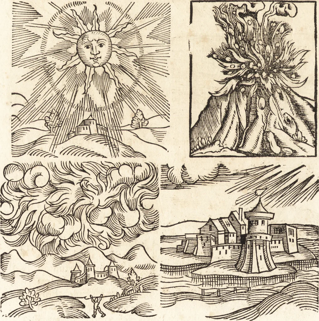 An illustration from Prodigiorvm ac ostentorvm chronicon : quae praeter naturae ordinem, motum, et operationem, et in svperioribus & his inferioribus mundi regionibus, ab exordio mundi usque ad haec nostra tempora, acciderunt ..., 1557, leaf 195