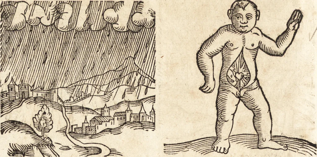 An illustration from Prodigiorvm ac ostentorvm chronicon : quae praeter naturae ordinem, motum, et operationem, et in svperioribus & his inferioribus mundi regionibus, ab exordio mundi usque ad haec nostra tempora, acciderunt ..., 1557, leaf 197