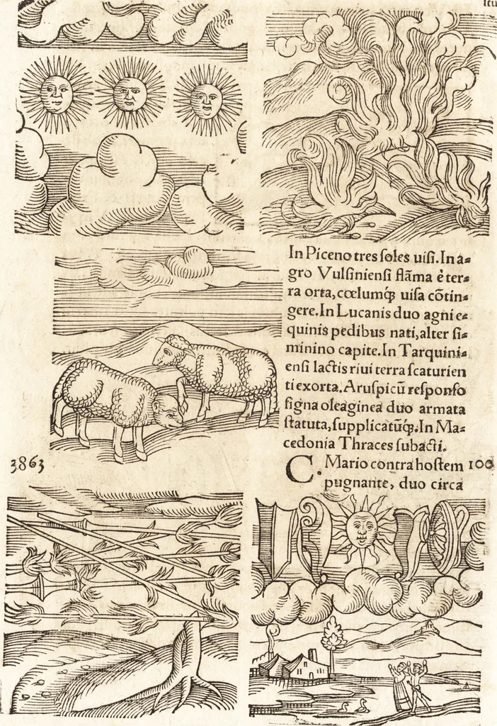 An illustration from Prodigiorvm ac ostentorvm chronicon : quae praeter naturae ordinem, motum, et operationem, et in svperioribus & his inferioribus mundi regionibus, ab exordio mundi usque ad haec nostra tempora, acciderunt ..., 1557, leaf 201