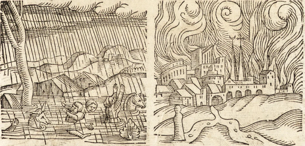 An illustration from Prodigiorvm ac ostentorvm chronicon : quae praeter naturae ordinem, motum, et operationem, et in svperioribus & his inferioribus mundi regionibus, ab exordio mundi usque ad haec nostra tempora, acciderunt ..., 1557, leaf 202