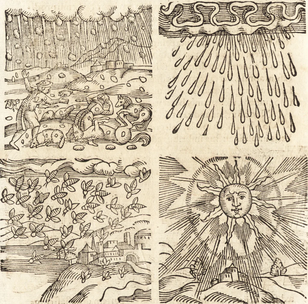 An illustration from Prodigiorvm ac ostentorvm chronicon : quae praeter naturae ordinem, motum, et operationem, et in svperioribus & his inferioribus mundi regionibus, ab exordio mundi usque ad haec nostra tempora, acciderunt ..., 1557, leaf 203
