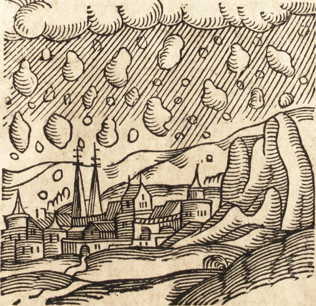 An illustration from Prodigiorvm ac ostentorvm chronicon : quae praeter naturae ordinem, motum, et operationem, et in svperioribus & his inferioribus mundi regionibus, ab exordio mundi usque ad haec nostra tempora, acciderunt ..., 1557, leaf 204