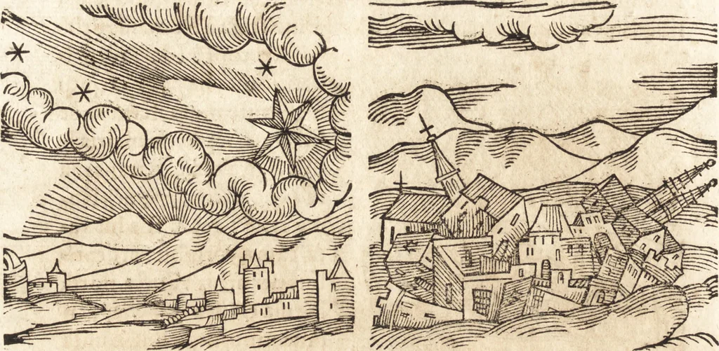 An illustration from Prodigiorvm ac ostentorvm chronicon : quae praeter naturae ordinem, motum, et operationem, et in svperioribus & his inferioribus mundi regionibus, ab exordio mundi usque ad haec nostra tempora, acciderunt ..., 1557, leaf 205
