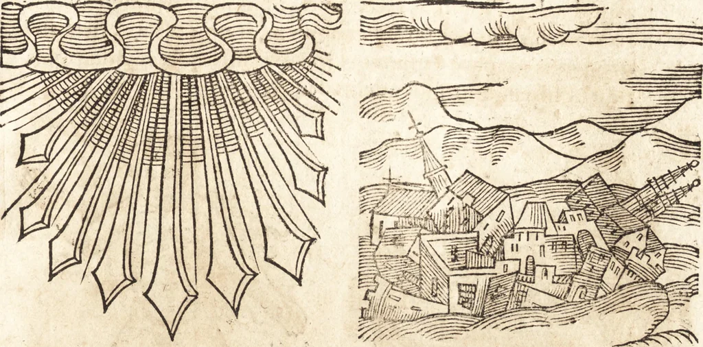 An illustration from Prodigiorvm ac ostentorvm chronicon : quae praeter naturae ordinem, motum, et operationem, et in svperioribus & his inferioribus mundi regionibus, ab exordio mundi usque ad haec nostra tempora, acciderunt ..., 1557, leaf 206
