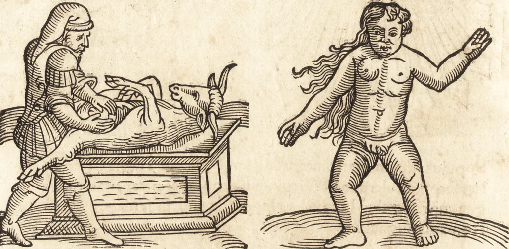 An illustration from Prodigiorvm ac ostentorvm chronicon : quae praeter naturae ordinem, motum, et operationem, et in svperioribus & his inferioribus mundi regionibus, ab exordio mundi usque ad haec nostra tempora, acciderunt ..., 1557, leaf 207