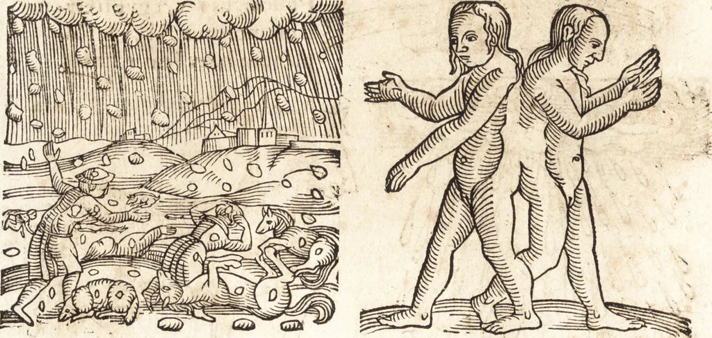 An illustration from Prodigiorvm ac ostentorvm chronicon : quae praeter naturae ordinem, motum, et operationem, et in svperioribus & his inferioribus mundi regionibus, ab exordio mundi usque ad haec nostra tempora, acciderunt ..., 1557, leaf 209