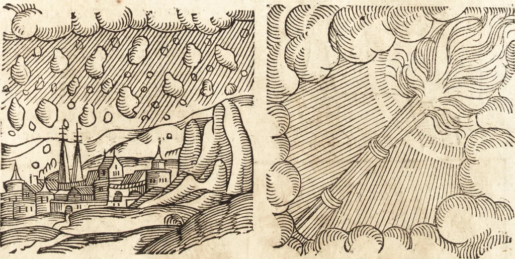 An illustration from Prodigiorvm ac ostentorvm chronicon : quae praeter naturae ordinem, motum, et operationem, et in svperioribus & his inferioribus mundi regionibus, ab exordio mundi usque ad haec nostra tempora, acciderunt ..., 1557, leaf 210