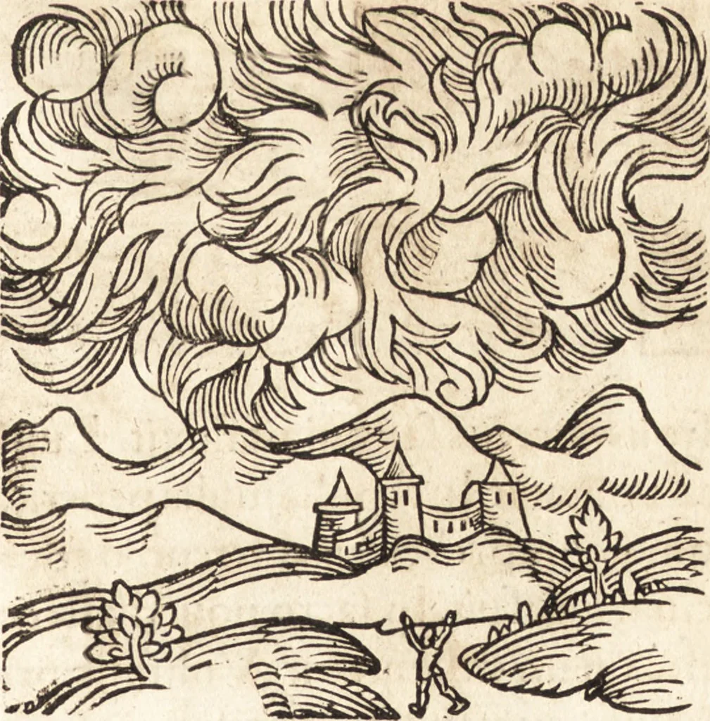 An illustration from Prodigiorvm ac ostentorvm chronicon : quae praeter naturae ordinem, motum, et operationem, et in svperioribus & his inferioribus mundi regionibus, ab exordio mundi usque ad haec nostra tempora, acciderunt ..., 1557, leaf 210