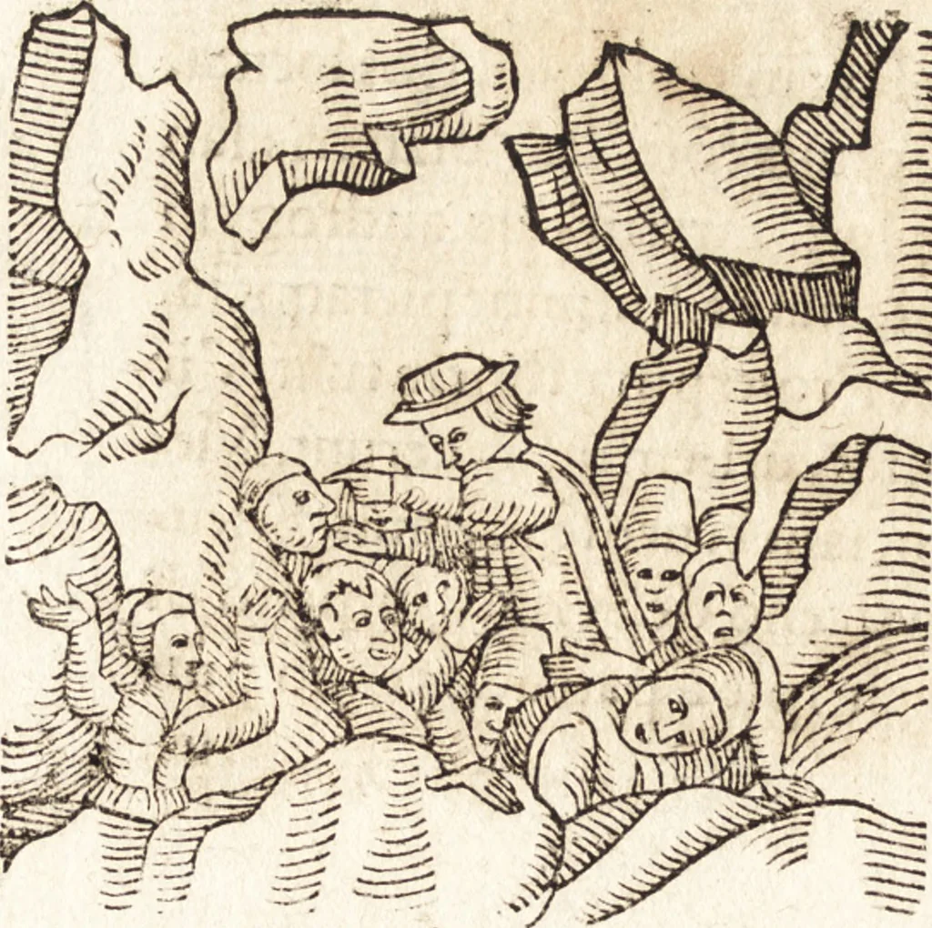 An illustration from Prodigiorvm ac ostentorvm chronicon : quae praeter naturae ordinem, motum, et operationem, et in svperioribus & his inferioribus mundi regionibus, ab exordio mundi usque ad haec nostra tempora, acciderunt ..., 1557, leaf 213