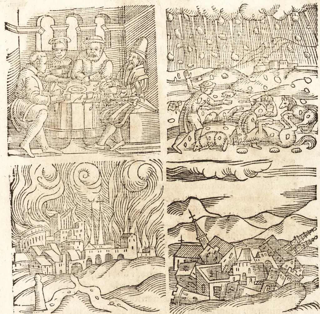 An illustration from Prodigiorvm ac ostentorvm chronicon : quae praeter naturae ordinem, motum, et operationem, et in svperioribus & his inferioribus mundi regionibus, ab exordio mundi usque ad haec nostra tempora, acciderunt ..., 1557, leaf 214
