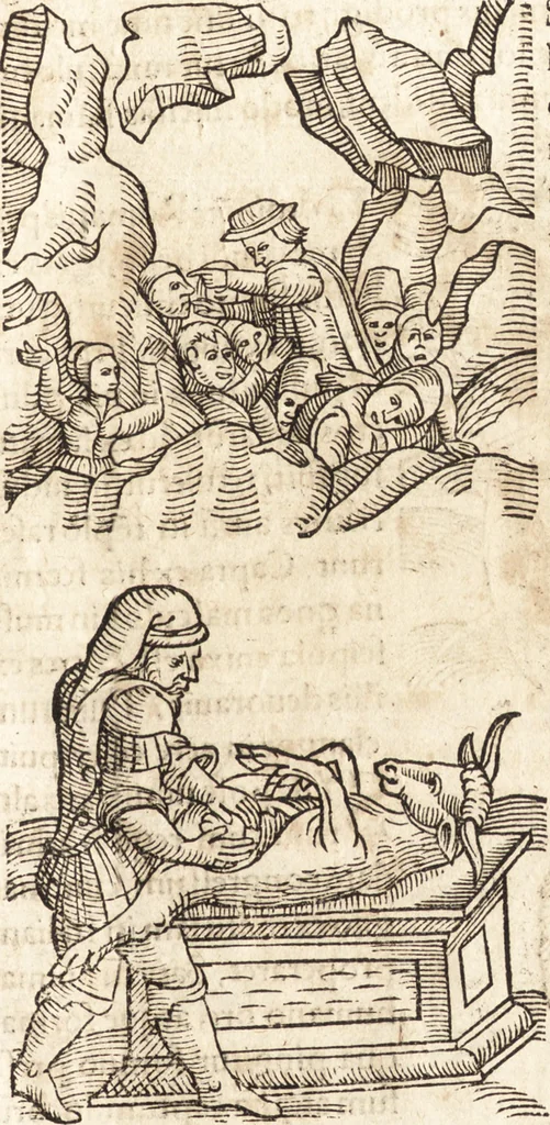 An illustration from Prodigiorvm ac ostentorvm chronicon : quae praeter naturae ordinem, motum, et operationem, et in svperioribus & his inferioribus mundi regionibus, ab exordio mundi usque ad haec nostra tempora, acciderunt ..., 1557, leaf 218