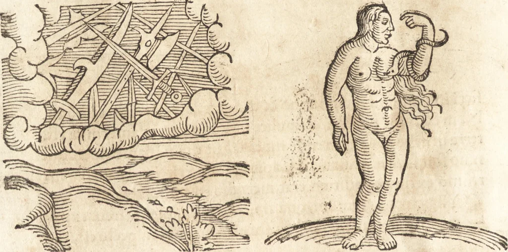 An illustration from Prodigiorvm ac ostentorvm chronicon : quae praeter naturae ordinem, motum, et operationem, et in svperioribus & his inferioribus mundi regionibus, ab exordio mundi usque ad haec nostra tempora, acciderunt ..., 1557, leaf 221