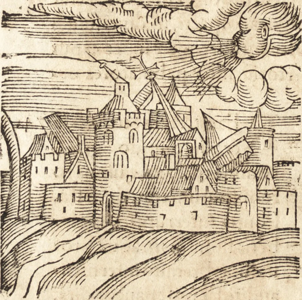 An illustration from Prodigiorvm ac ostentorvm chronicon : quae praeter naturae ordinem, motum, et operationem, et in svperioribus & his inferioribus mundi regionibus, ab exordio mundi usque ad haec nostra tempora, acciderunt ..., 1557, leaf 223