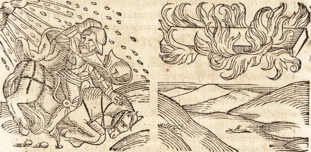 An illustration from Prodigiorvm ac ostentorvm chronicon : quae praeter naturae ordinem, motum, et operationem, et in svperioribus & his inferioribus mundi regionibus, ab exordio mundi usque ad haec nostra tempora, acciderunt ..., 1557, leaf 223