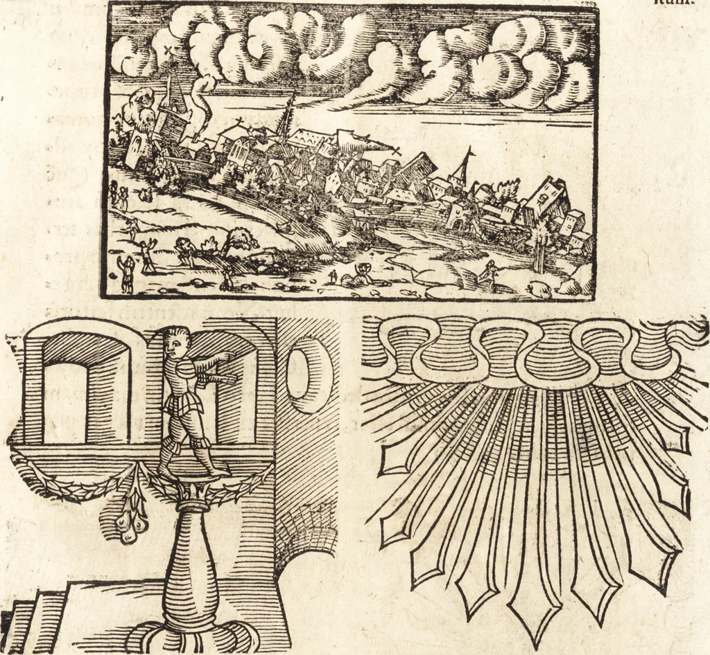 An illustration from Prodigiorvm ac ostentorvm chronicon : quae praeter naturae ordinem, motum, et operationem, et in svperioribus & his inferioribus mundi regionibus, ab exordio mundi usque ad haec nostra tempora, acciderunt ..., 1557, leaf 224