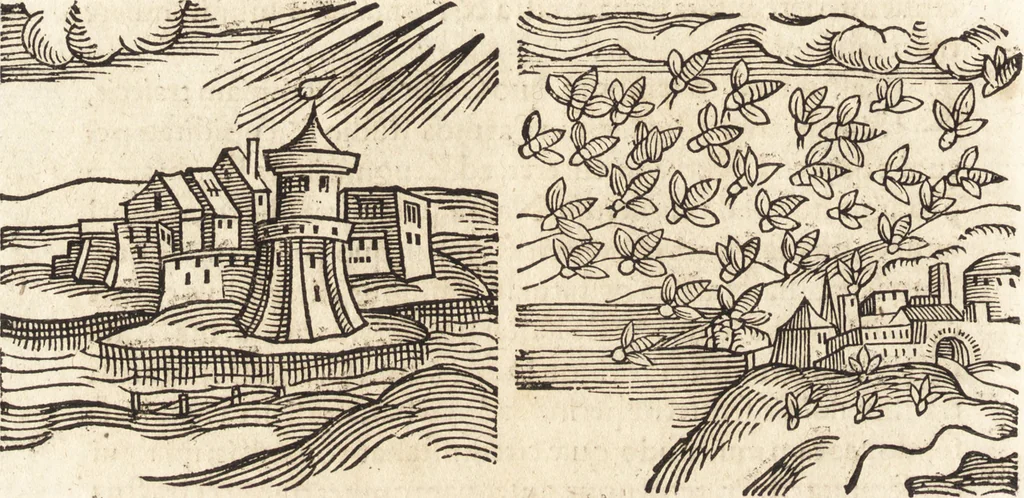 An illustration from Prodigiorvm ac ostentorvm chronicon : quae praeter naturae ordinem, motum, et operationem, et in svperioribus & his inferioribus mundi regionibus, ab exordio mundi usque ad haec nostra tempora, acciderunt ..., 1557, leaf 227