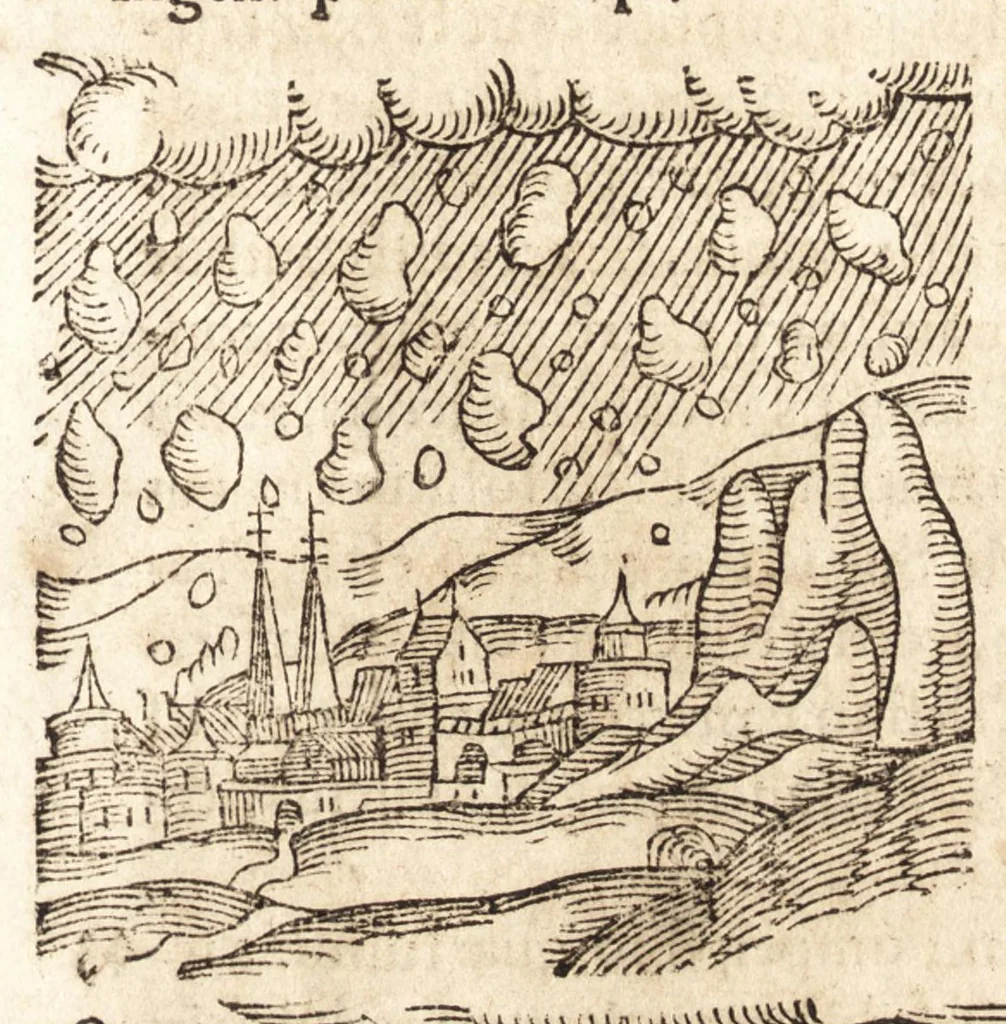 An illustration from Prodigiorvm ac ostentorvm chronicon : quae praeter naturae ordinem, motum, et operationem, et in svperioribus & his inferioribus mundi regionibus, ab exordio mundi usque ad haec nostra tempora, acciderunt ..., 1557, leaf 228