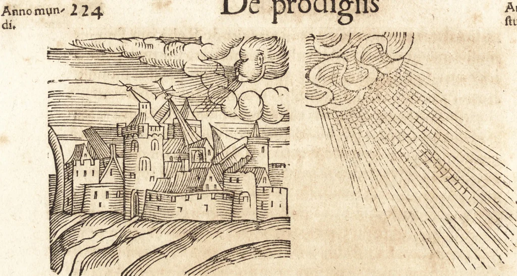 An illustration from Prodigiorvm ac ostentorvm chronicon : quae praeter naturae ordinem, motum, et operationem, et in svperioribus & his inferioribus mundi regionibus, ab exordio mundi usque ad haec nostra tempora, acciderunt ..., 1557, leaf 235