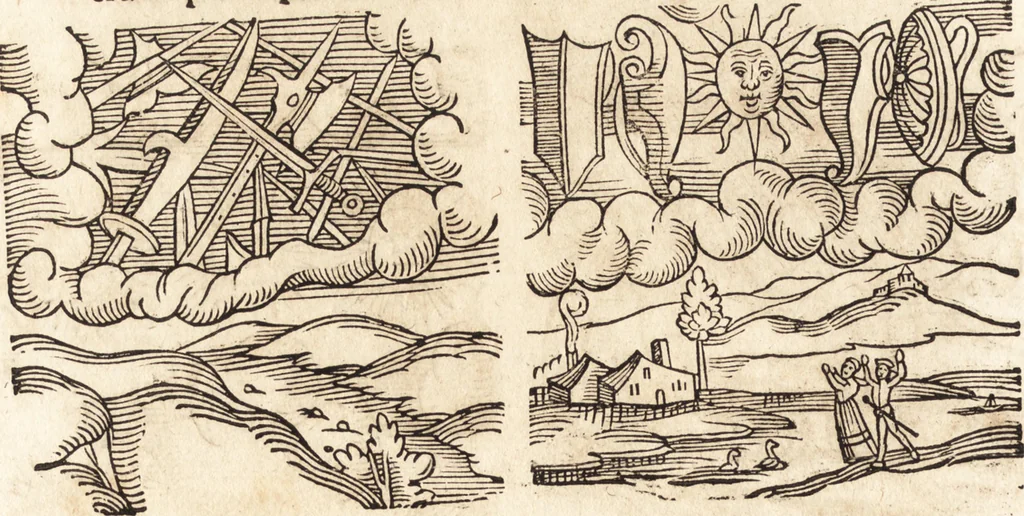 An illustration from Prodigiorvm ac ostentorvm chronicon : quae praeter naturae ordinem, motum, et operationem, et in svperioribus & his inferioribus mundi regionibus, ab exordio mundi usque ad haec nostra tempora, acciderunt ..., 1557, leaf 239