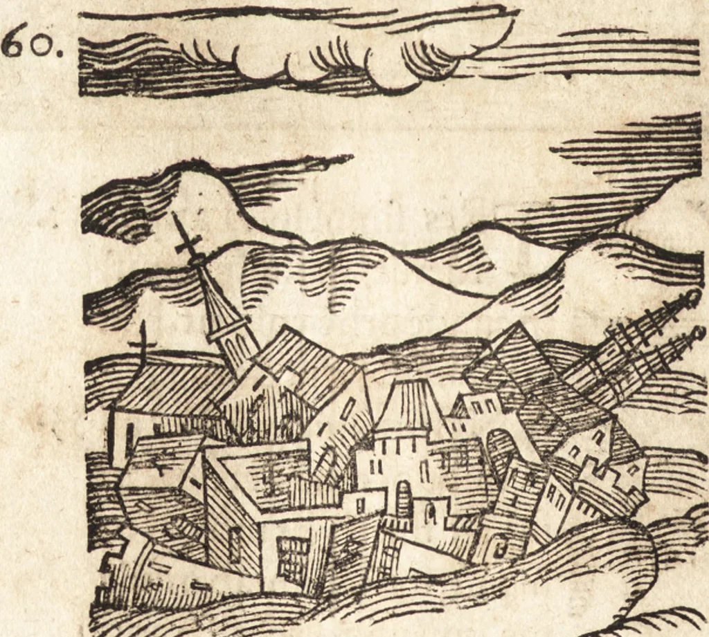 An illustration from Prodigiorvm ac ostentorvm chronicon : quae praeter naturae ordinem, motum, et operationem, et in svperioribus & his inferioribus mundi regionibus, ab exordio mundi usque ad haec nostra tempora, acciderunt ..., 1557, leaf 259