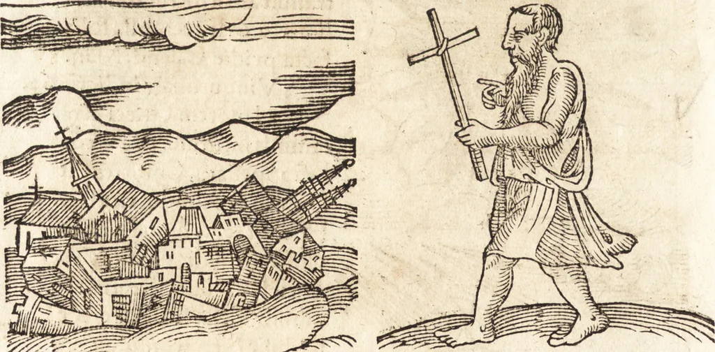 An illustration from Prodigiorvm ac ostentorvm chronicon : quae praeter naturae ordinem, motum, et operationem, et in svperioribus & his inferioribus mundi regionibus, ab exordio mundi usque ad haec nostra tempora, acciderunt ..., 1557, leaf 261