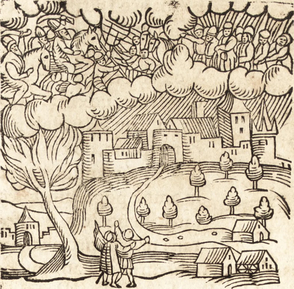 An illustration from Prodigiorvm ac ostentorvm chronicon : quae praeter naturae ordinem, motum, et operationem, et in svperioribus & his inferioribus mundi regionibus, ab exordio mundi usque ad haec nostra tempora, acciderunt ..., 1557, leaf 264