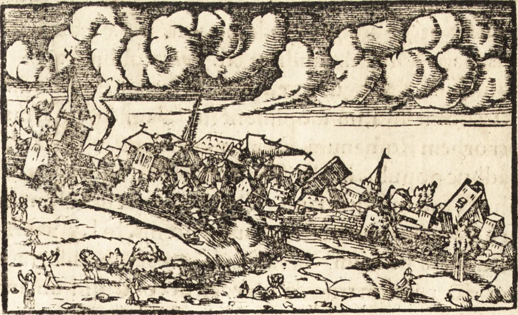 An illustration from Prodigiorvm ac ostentorvm chronicon : quae praeter naturae ordinem, motum, et operationem, et in svperioribus & his inferioribus mundi regionibus, ab exordio mundi usque ad haec nostra tempora, acciderunt ..., 1557, leaf 268