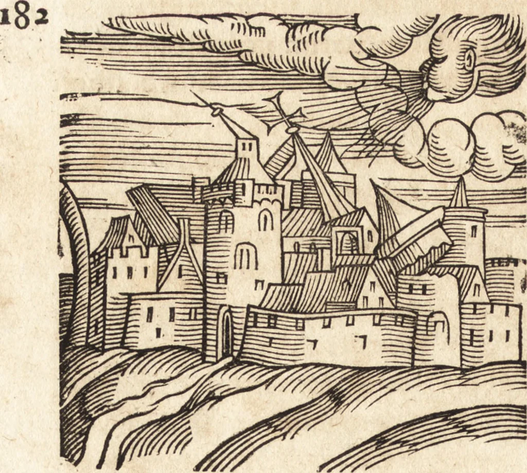 An illustration from Prodigiorvm ac ostentorvm chronicon : quae praeter naturae ordinem, motum, et operationem, et in svperioribus & his inferioribus mundi regionibus, ab exordio mundi usque ad haec nostra tempora, acciderunt ..., 1557, leaf 273