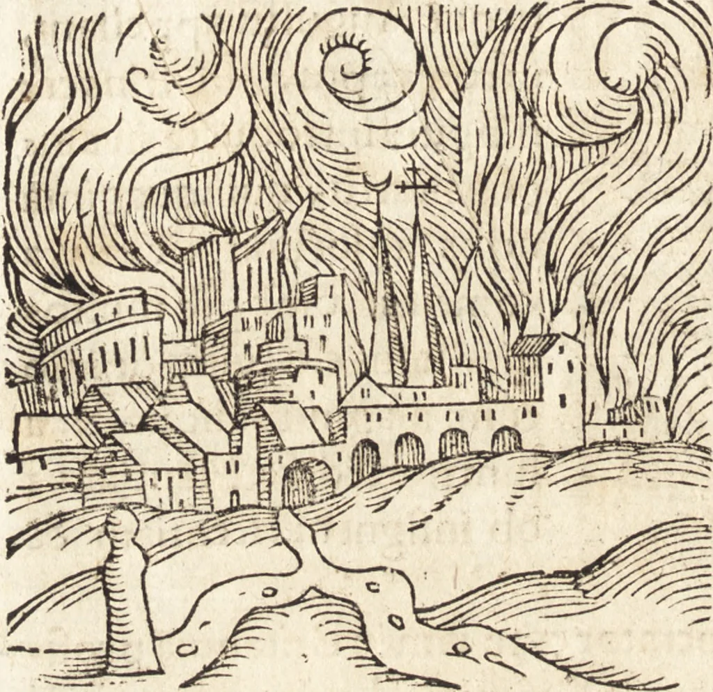 An illustration from Prodigiorvm ac ostentorvm chronicon : quae praeter naturae ordinem, motum, et operationem, et in svperioribus & his inferioribus mundi regionibus, ab exordio mundi usque ad haec nostra tempora, acciderunt ..., 1557, leaf 279