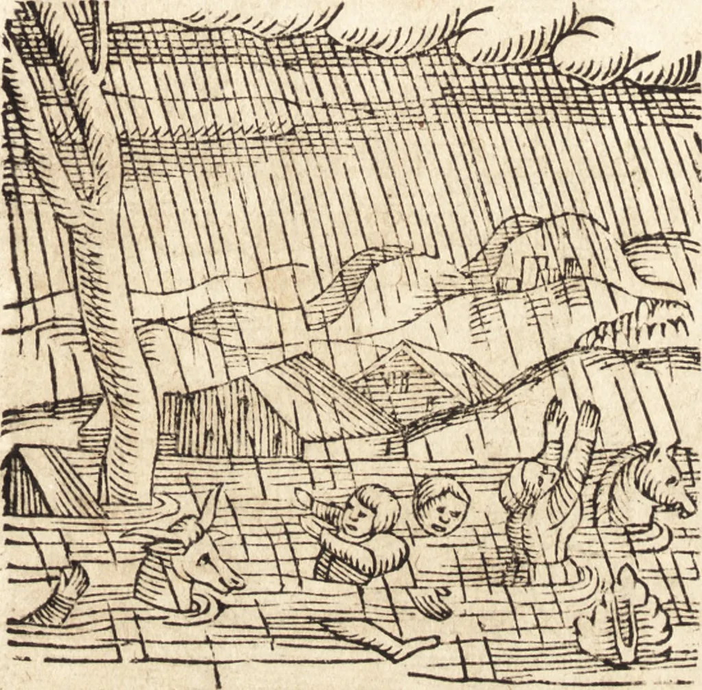 An illustration from Prodigiorvm ac ostentorvm chronicon : quae praeter naturae ordinem, motum, et operationem, et in svperioribus & his inferioribus mundi regionibus, ab exordio mundi usque ad haec nostra tempora, acciderunt ..., 1557, leaf 282
