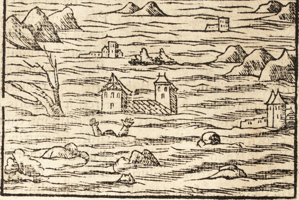 An illustration from Prodigiorvm ac ostentorvm chronicon : quae praeter naturae ordinem, motum, et operationem, et in svperioribus & his inferioribus mundi regionibus, ab exordio mundi usque ad haec nostra tempora, acciderunt ..., 1557, leaf 288
