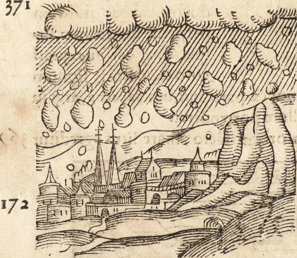 An illustration from Prodigiorvm ac ostentorvm chronicon : quae praeter naturae ordinem, motum, et operationem, et in svperioribus & his inferioribus mundi regionibus, ab exordio mundi usque ad haec nostra tempora, acciderunt ..., 1557, leaf 289