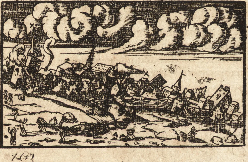 An illustration from Prodigiorvm ac ostentorvm chronicon : quae praeter naturae ordinem, motum, et operationem, et in svperioribus & his inferioribus mundi regionibus, ab exordio mundi usque ad haec nostra tempora, acciderunt ..., 1557, leaf 293