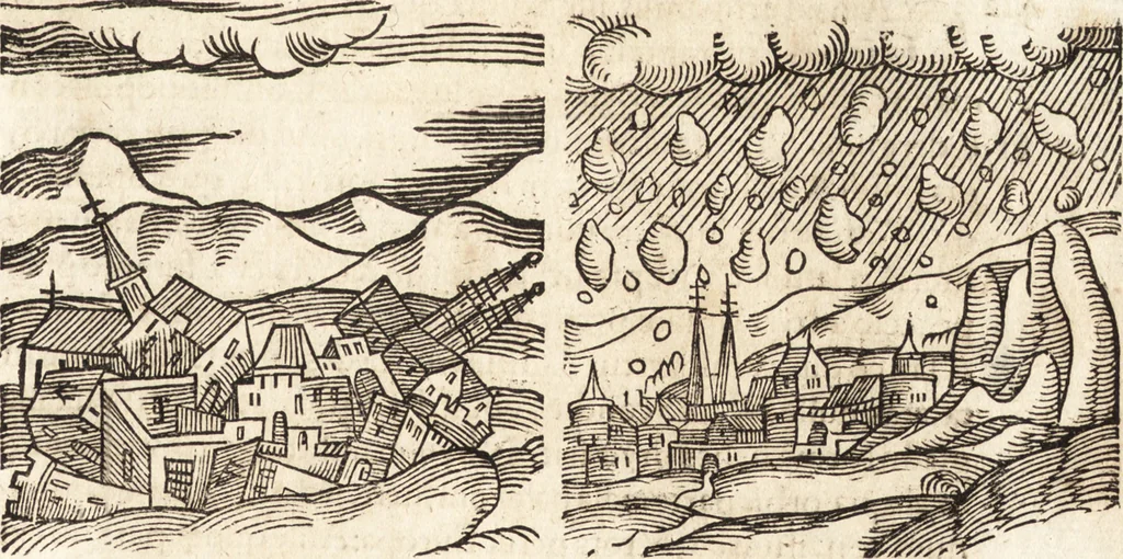 An illustration from Prodigiorvm ac ostentorvm chronicon : quae praeter naturae ordinem, motum, et operationem, et in svperioribus & his inferioribus mundi regionibus, ab exordio mundi usque ad haec nostra tempora, acciderunt ..., 1557, leaf 296