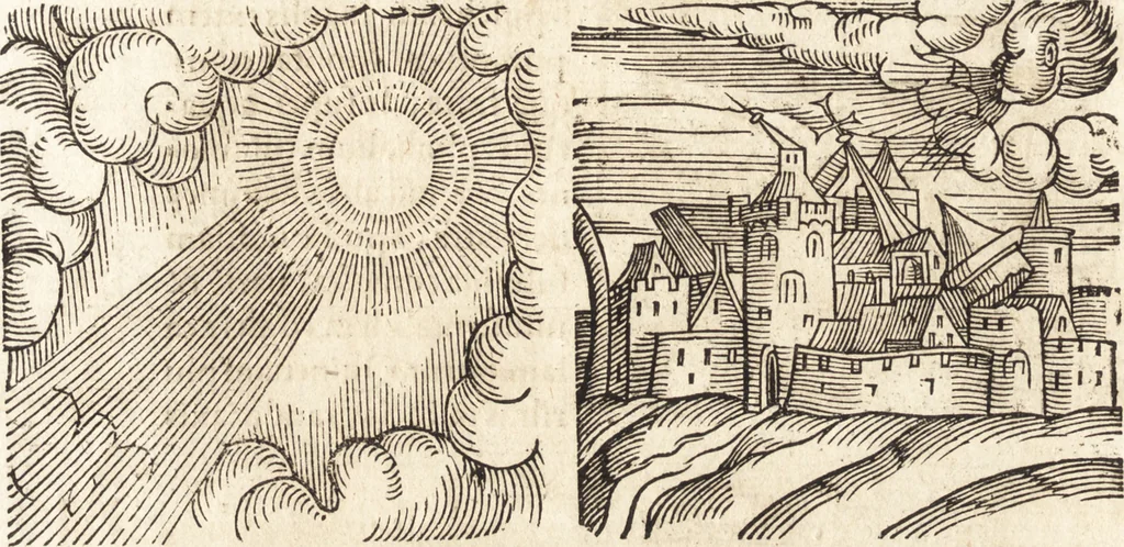 An illustration from Prodigiorvm ac ostentorvm chronicon : quae praeter naturae ordinem, motum, et operationem, et in svperioribus & his inferioribus mundi regionibus, ab exordio mundi usque ad haec nostra tempora, acciderunt ..., 1557, leaf 299