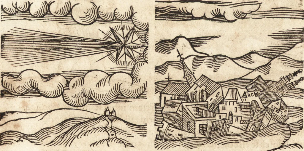 An illustration from Prodigiorvm ac ostentorvm chronicon : quae praeter naturae ordinem, motum, et operationem, et in svperioribus & his inferioribus mundi regionibus, ab exordio mundi usque ad haec nostra tempora, acciderunt ..., 1557, leaf 303