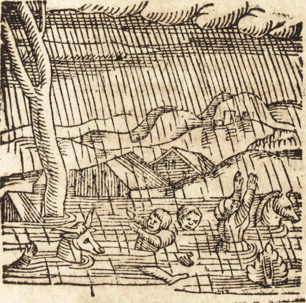 An illustration from Prodigiorvm ac ostentorvm chronicon : quae praeter naturae ordinem, motum, et operationem, et in svperioribus & his inferioribus mundi regionibus, ab exordio mundi usque ad haec nostra tempora, acciderunt ..., 1557, leaf 307