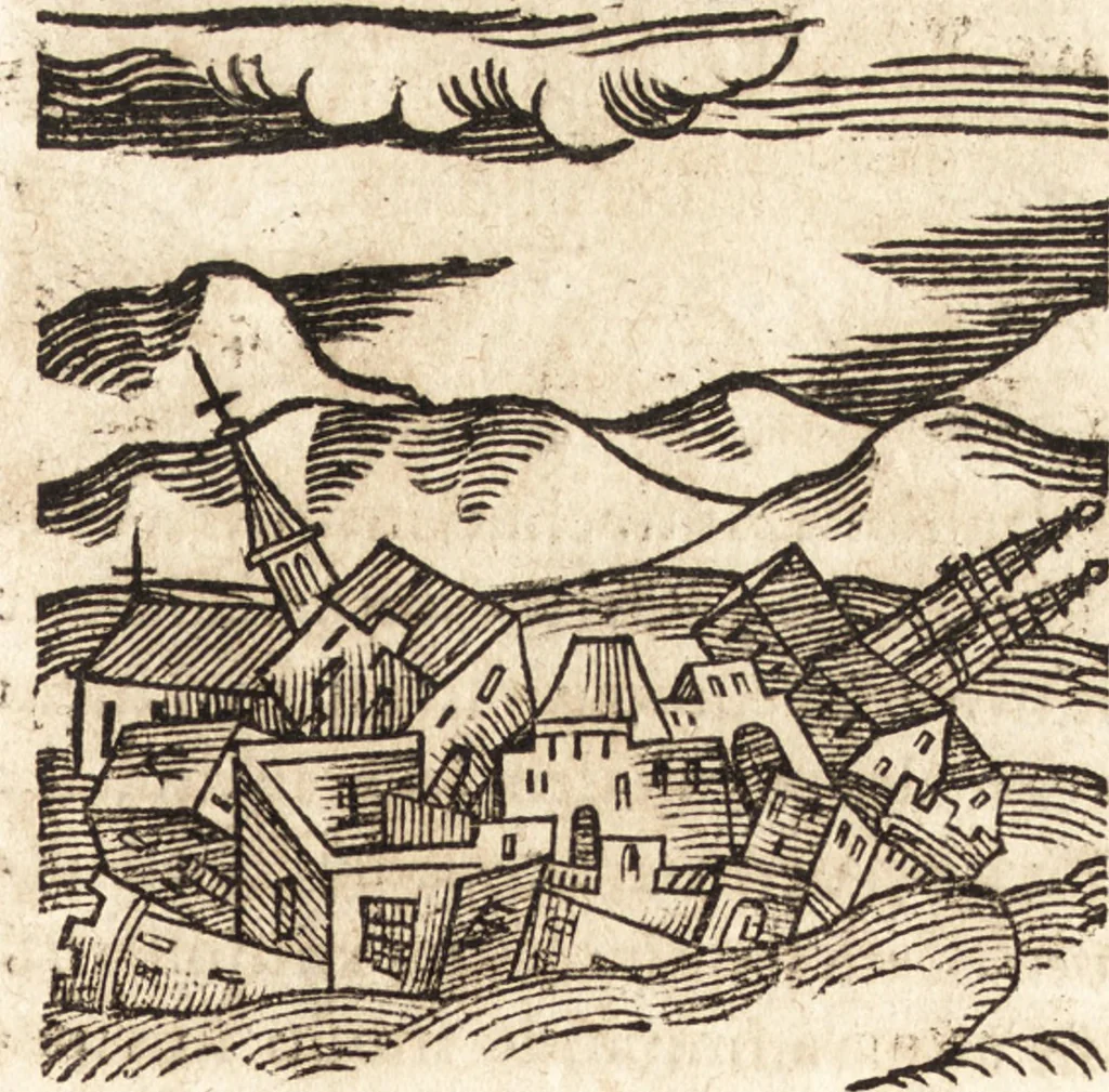 An illustration from Prodigiorvm ac ostentorvm chronicon : quae praeter naturae ordinem, motum, et operationem, et in svperioribus & his inferioribus mundi regionibus, ab exordio mundi usque ad haec nostra tempora, acciderunt ..., 1557, leaf 310