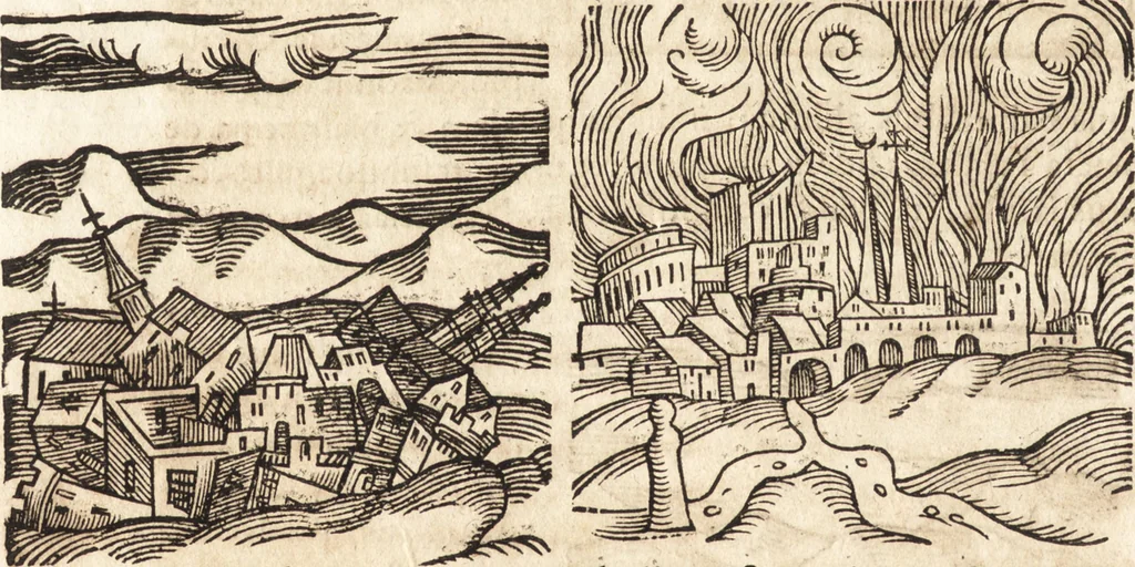 An illustration from Prodigiorvm ac ostentorvm chronicon : quae praeter naturae ordinem, motum, et operationem, et in svperioribus & his inferioribus mundi regionibus, ab exordio mundi usque ad haec nostra tempora, acciderunt ..., 1557, leaf 311