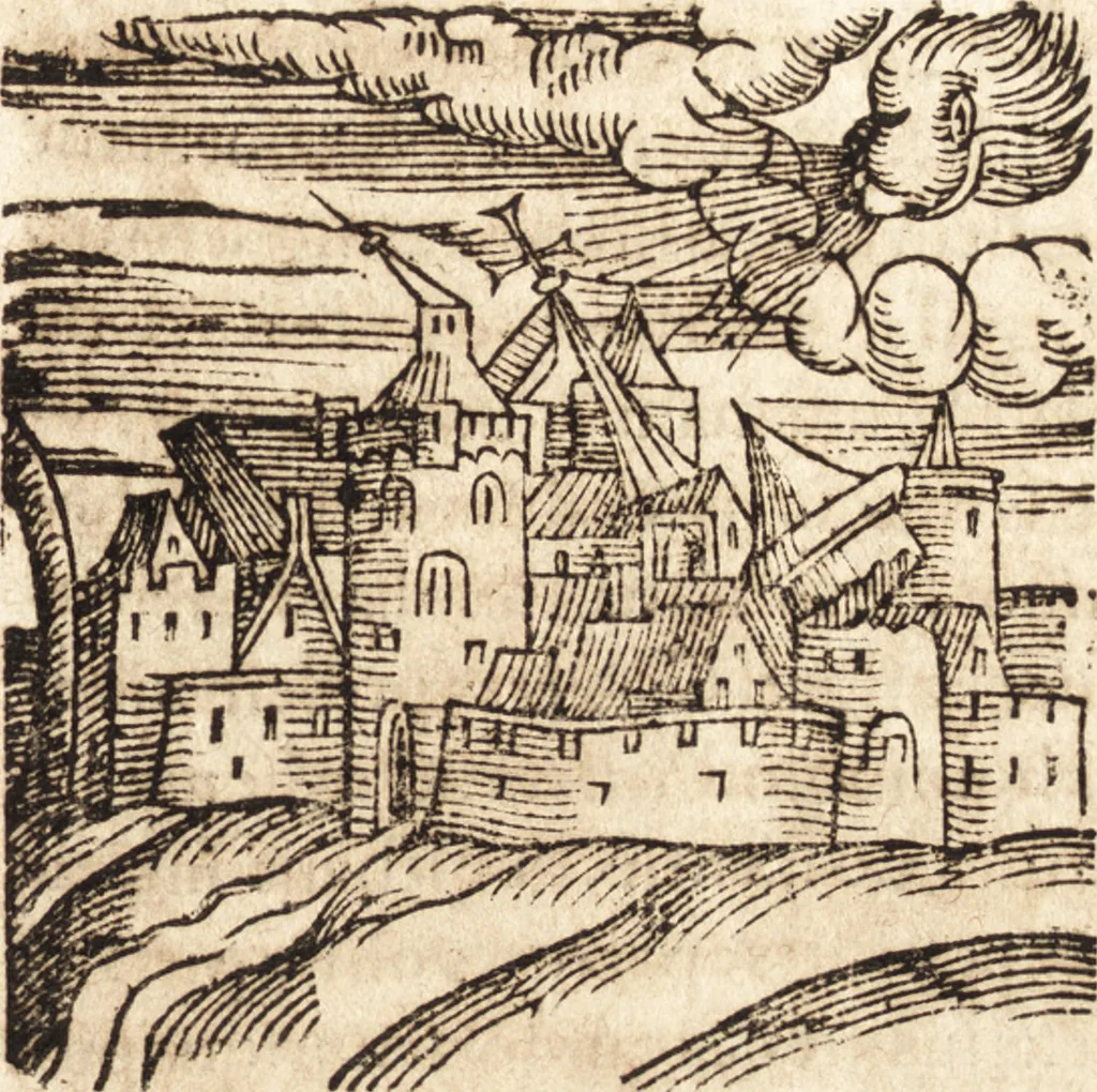 An illustration from Prodigiorvm ac ostentorvm chronicon : quae praeter naturae ordinem, motum, et operationem, et in svperioribus & his inferioribus mundi regionibus, ab exordio mundi usque ad haec nostra tempora, acciderunt ..., 1557, leaf 312