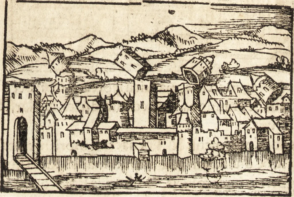 An illustration from Prodigiorvm ac ostentorvm chronicon : quae praeter naturae ordinem, motum, et operationem, et in svperioribus & his inferioribus mundi regionibus, ab exordio mundi usque ad haec nostra tempora, acciderunt ..., 1557, leaf 316